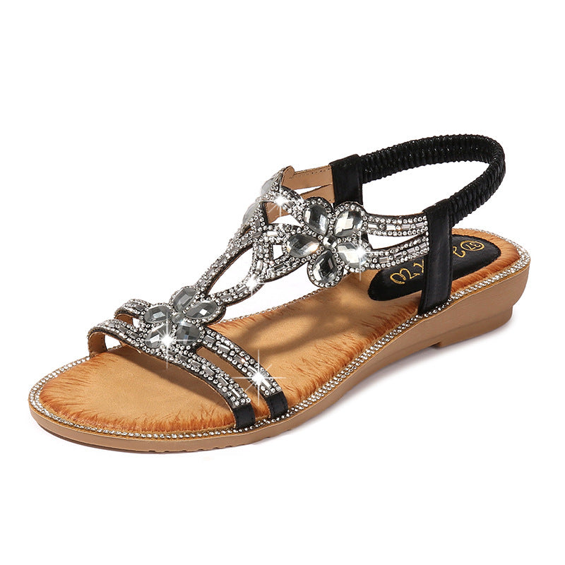 Women's Rhinestone Embellished Comfort Sandals  Elegant Crystal T-Strap Slip-On Sandals