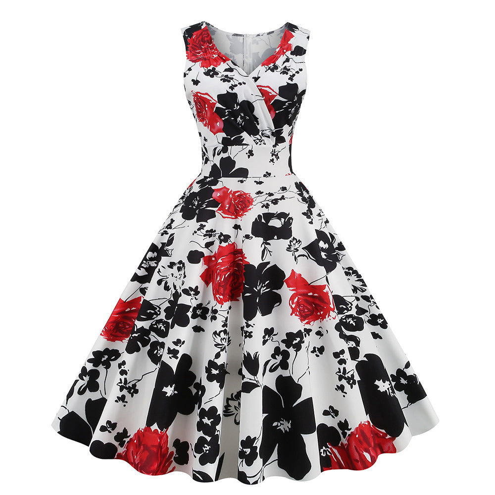 Amazon bestselling women's 2026 spring/summer new 5060S Hepburn style vintage print dress factory in stock