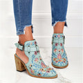 Women's Vintage Floral Embroidered Block Heel Sandals  Boho Ankle Strap Summer Shoes
