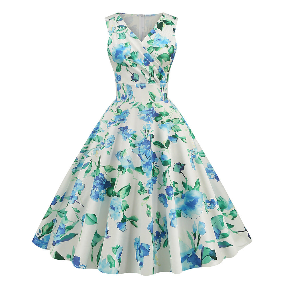 Amazon bestselling women's 2026 spring/summer new 5060S Hepburn style vintage print dress factory in stock