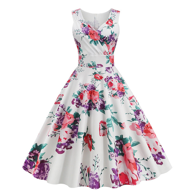 Amazon bestselling women's 2026 spring/summer new 5060S Hepburn style vintage print dress factory in stock