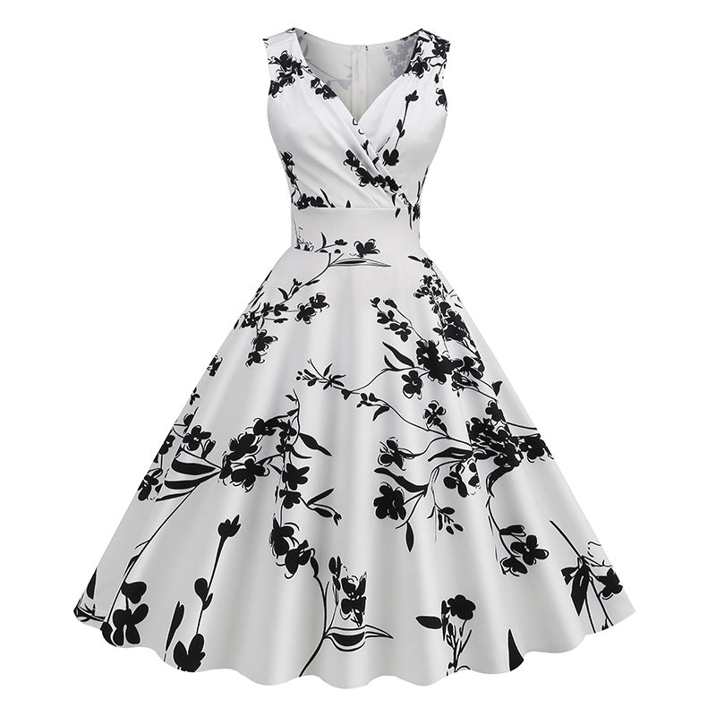 Amazon bestselling women's 2026 spring/summer new 5060S Hepburn style vintage print dress factory in stock