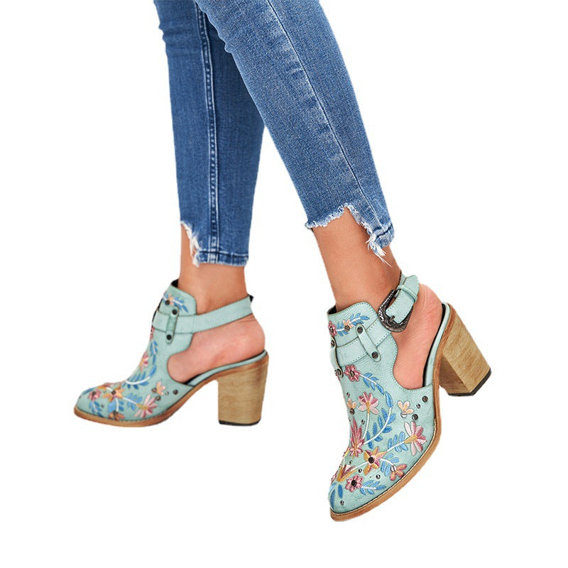 Women's Vintage Floral Embroidered Block Heel Sandals  Boho Ankle Strap Summer Shoes