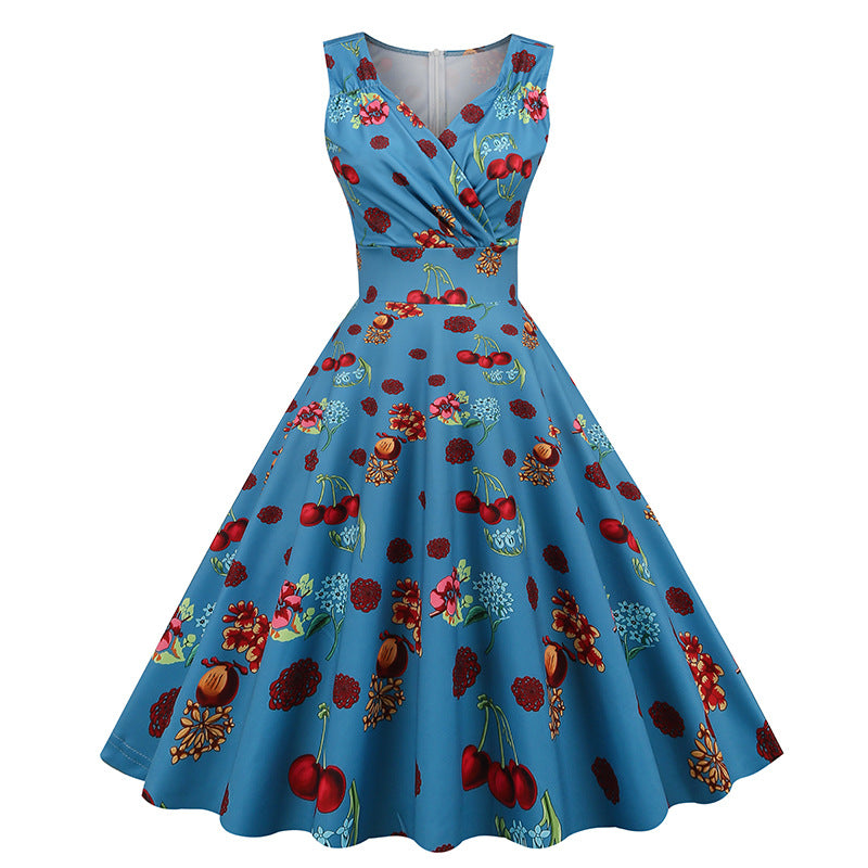 Amazon bestselling women's 2026 spring/summer new 5060S Hepburn style vintage print dress factory in stock