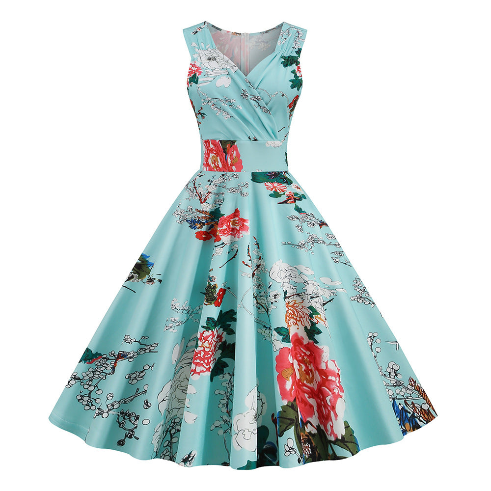 Amazon bestselling women's 2026 spring/summer new 5060S Hepburn style vintage print dress factory in stock