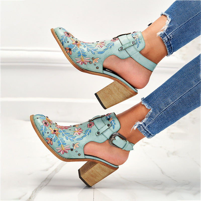 Women's Vintage Floral Embroidered Block Heel Sandals  Boho Ankle Strap Summer Shoes